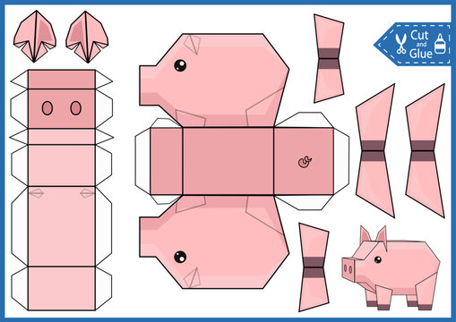 Craft game cut and glue paper 3d pig. Kids papercraft template cute character. Education activity printable page. DIY model toys of funny farm animal.