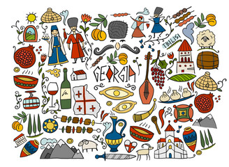 Georgia Country. Travel Background. Collection of design elements - food, places and dancing people. Horizontal Print
