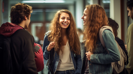 Fototapeta premium students, girls and guy talking and smiling in the college corridor