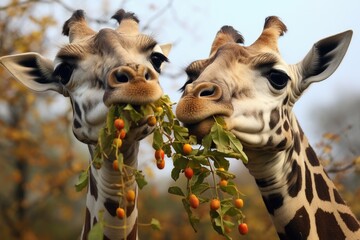 Fototapety  two long-necked giraffes eating leaves from the same tree