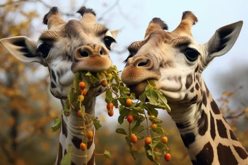 Gordijnen two long-necked giraffes eating leaves from the same tree © Natalia