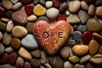 Deurstickers a heart-shaped stone among stones with various languages word love © Natalia