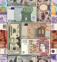 Money banknotes of different countries. US dollar, British pound sterling, Japanese yuan, Russian ruble, Swiss franc, Euro. Hand drawn sketch. Seamless pattern background