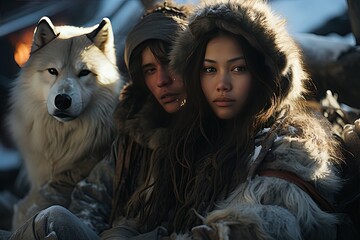 Eskimo individuals dressed in warm fur clothing, living in the icy wilderness,Generated with AI - obrazy, fototapety, plakaty