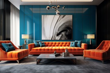 Contemporary lounge area with blue couch and orange seat. Generative AI