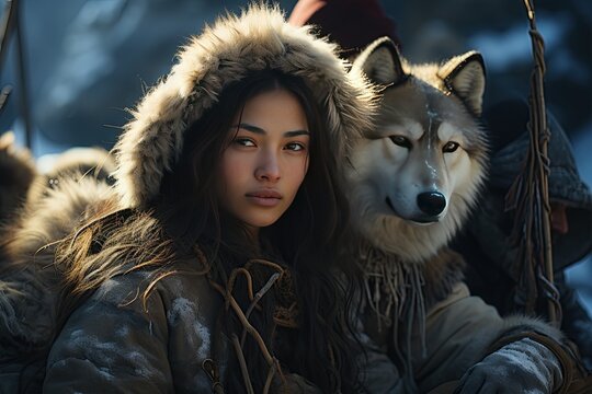 Eskimo individuals dressed in warm fur clothing, living in the icy wilderness,Generated with AI - Powered by Adobe