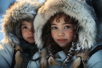 Eskimo individuals dressed in warm fur clothing, living in the icy wilderness,Generated with AI - obrazy, fototapety, plakaty