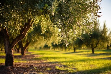 olive trees bearing fruit in a grove - obrazy, fototapety, plakaty