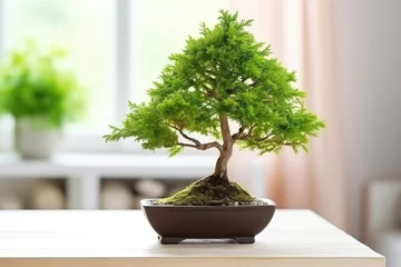 Afwasbaar fotobehang a beautiful bonsai tree on a light wooden table, indoors © Natalia