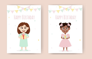 Birthday card with child girl holding a gift box