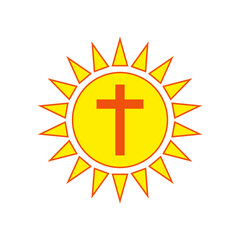 Bright shining sun with religious biblical cross.