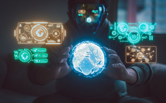 Concept of digital transformation network technology, big data. Metaverse E-learning, online study idea. Man wearing VR glasses and accessing Cloud Computing Technology Internet Storage Network