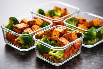 vegan meal prep containers with tofu and veggies - obrazy, fototapety, plakaty