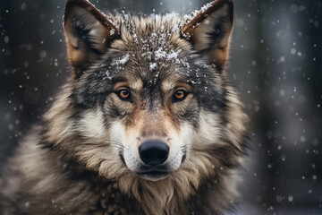 The portrait of a lonely alpha gray wolf or Canis Lupus standing and gazing in the snowy night of the winter forest, Generative AI. - obrazy, fototapety, plakaty