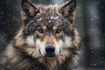 Muurstickers The portrait of a lonely alpha gray wolf or Canis Lupus standing and gazing in the snowy night of the winter forest, Generative AI. © Surachetsh