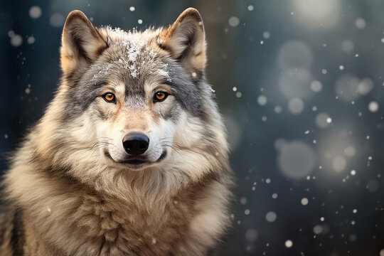 The portrait of a lonely alpha gray wolf or Canis Lupus standing and gazing in the snowy night of the winter forest, Generative AI.