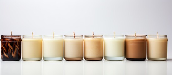 Multiple soy candles on a white surface