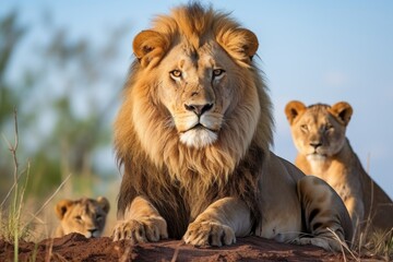Fototapeta premium male lion watching over cubs while female hunts