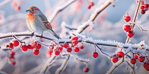 Snow-covered mountain ash with a bird - obrazy, fototapety, plakaty