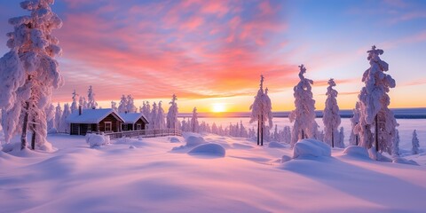 Winter landscape with forest - obrazy, fototapety, plakaty