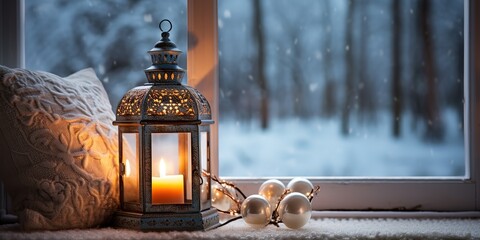 Lantern and pillows on the windowsill with a winter view - obrazy, fototapety, plakaty
