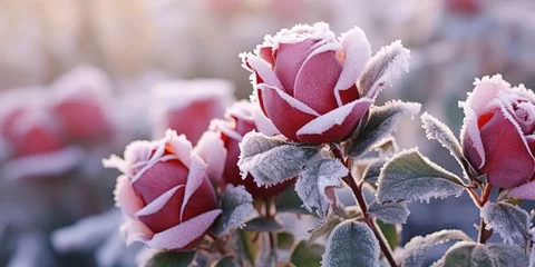 Deurstickers A burgundy blooming rose covered with white frost. © Zaleman