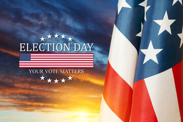Text Election Day Your Vote Matters with USA Flag on background of sunset. I voted. Voting in...