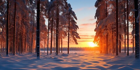 Beautiful winter snowy natural landscape at sunset