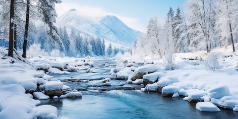 Fototapeta na wymiar Winter river in snow forest landscape