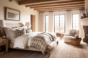 Bedroom decor, interior design and holiday rental, classic bed with elegant plush bedding and furniture, English country house and cottage style