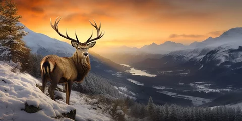 Foto op Canvas A red deer striking mountain peaks in a winter landscape © Zaleman