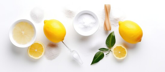 Arranging cleaning supplies baking soda lemon mustard powder on white surface room for text