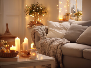 Nordic Noel living room: Fairy lights and soft golden ornaments. A comfy sofa is draped with a knitted throw, wooden coffee table. Subtle touches of red in cushions and stockings