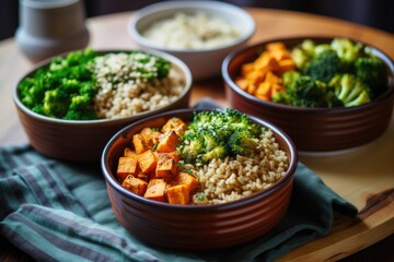 bowls of brown rice, sweet potatoes, and broccoli