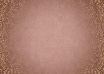 Pale pink textured paper with vignette of golden hand-drawn pattern on a darker background color. Copy space. Digital artwork, A4. (pattern: p09a)