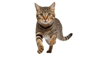 a beautiful tabby cat jumping full body on a white background studio shot