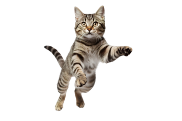 a beautiful tabby cat jumping full body on a white background studio shot