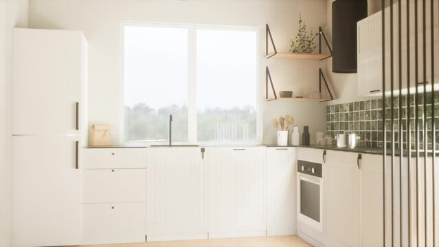 Animation of a modern and spacious kitchen. 3D render