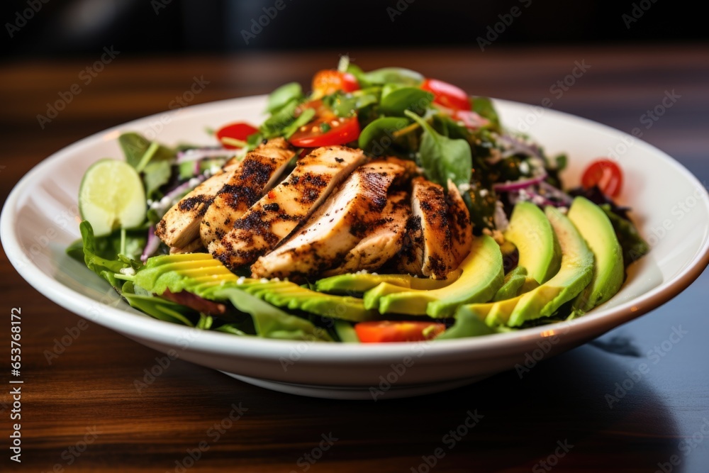 Poster healthy salad with grilled chicken and avocado on a plate