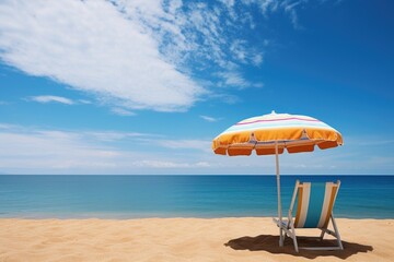 a deserted beach chair under a parasol, indicating break time