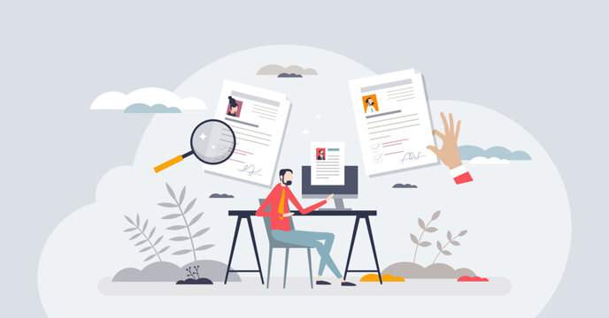 Job hunt and CV or resume sending to hiring company tiny person concept. Recruitment process with HR offer vector illustration. Search new professional career path. Looking for manager occupation.