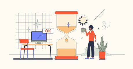 Work and life balance for healthy business management tiny person concept. Retro vector illustration with businessman in office leisure moment for stress reduction. Calm lifestyle with break from job