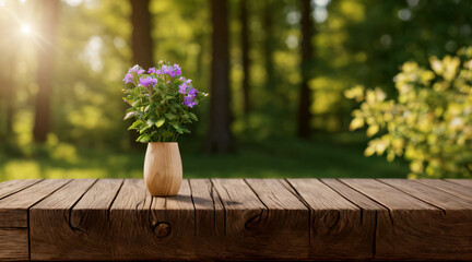 wooden table with nature background