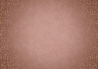 Pale pink textured paper with vignette of golden hand-drawn pattern on a darker background color. Copy space. Digital artwork, A4. (pattern: p11-1b)