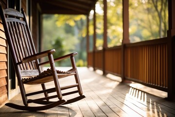 close-up of empty rocking chair on a porch - obrazy, fototapety, plakaty