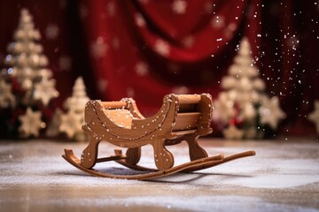 mini wooden sleigh prop on a snow sprinkle effect floor - obrazy, fototapety, plakaty
