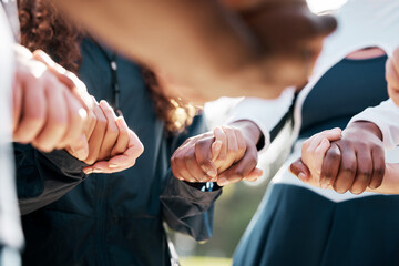 Cheerleader support, team holding hands and group prayer for help, care and community faith in...