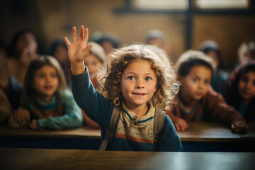 Elementary school student raises a hand in classroom. Concept of education. - obrazy, fototapety, plakaty
