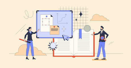 Exploring business strategies style and management tiny person concept. Retro style vector illustration with cooperative planning and businessman consulting process. Adviser work with consulting.