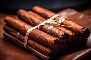 close-up shot of several cigars with brown wrapping - obrazy, fototapety, plakaty